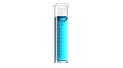A test tube filled with a bright blue liquid on black background
