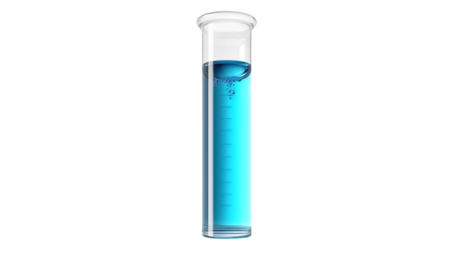 A test tube filled with a bright blue liquid on black background