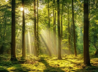 Obraz premium Sunlight Streaming Through Tall Trees in a Lush Green Forest