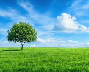 Lone Tree Standing in a Green Field Under a Cloudy Blue Sky