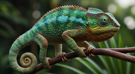 Obraz premium Colorful Chameleon Resting on Branch Against a Natural Green Background