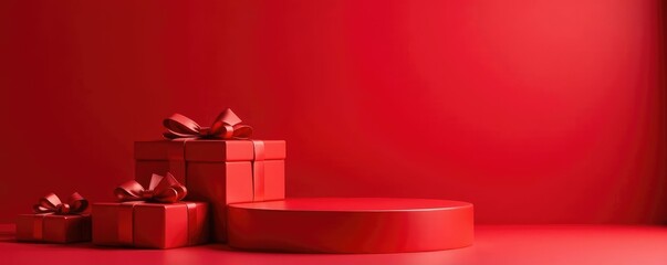 Rich red podium constructed from stacked gift boxes, podium, red