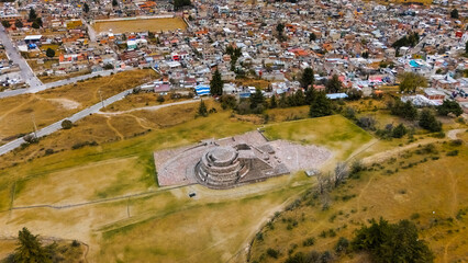 Aerial view of Ehecatl temple at the archaeological site in Calixlahuaca, near Toluca, Mexico