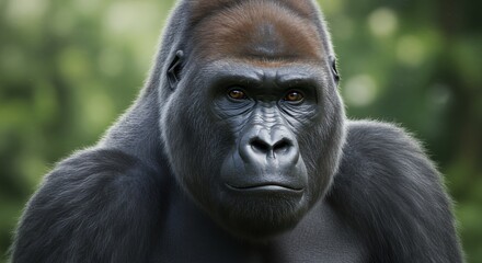 Fototapeta premium Close-up Portrait of a Silverback Gorilla in Natural Habitat Looking Forward