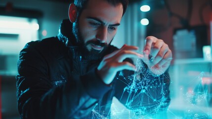 A blockchain specialist working on AI based decentralized oracle solutions for blockchain networks, futuristic tech lab with real-time data feeds, High-tech style