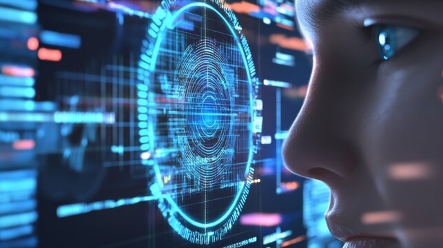 A blockchain specialist developing AI based NFT verification systems, futuristic art lab with real-time digital asset authentication, High-tech style
