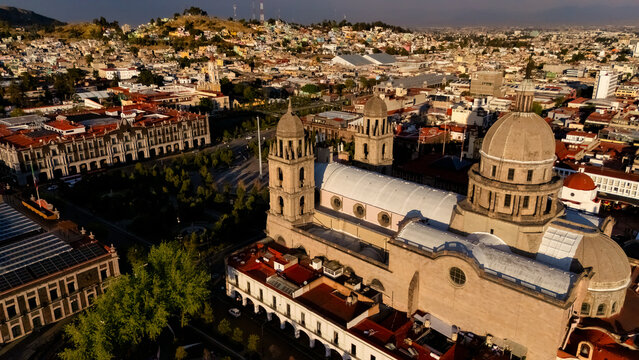 Aerial view of the Martyrs' Square with cathedral in the foreground in Toluca, Mexico