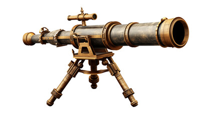 Close up of a vintage telescope on a tripod with black back