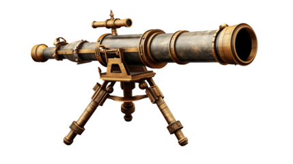 Close up of a vintage telescope on a tripod with black back