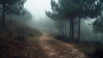 A misty forest path surrounded by tall trees creates an eerie atmosphere.