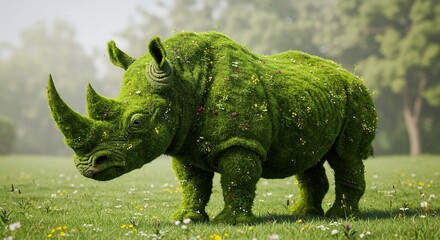 Fototapeta premium Green Rhino Topiary Sculpture in Park with Wildflowers for Conservation Concept