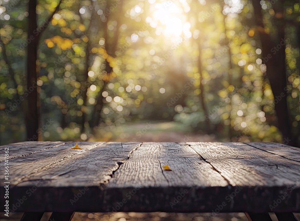 Poster rustic wooden table in forest glade with sunlit trees and bokeh