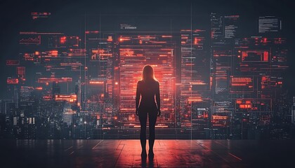 A woman stands before a digital cityscape of complex data