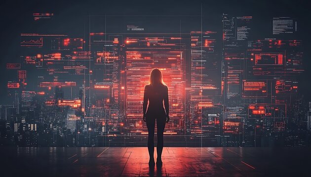 A woman stands before a digital cityscape of complex data