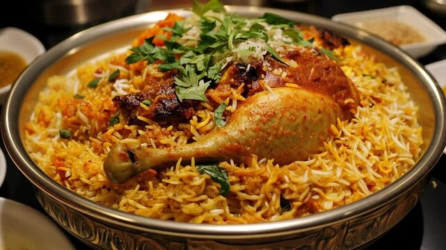 Delicious biryani served on a traditional platter with tender chicken and fragrant spices at a festive gathering