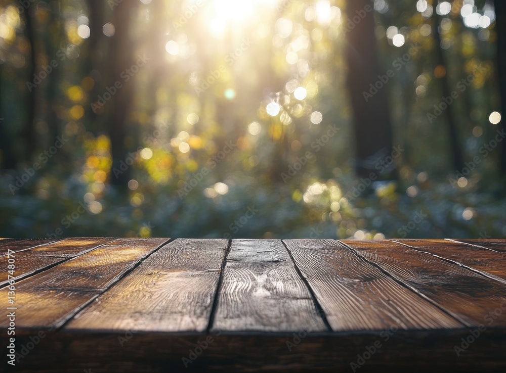 Poster rustic wooden table in forest with sunlit bokeh background display