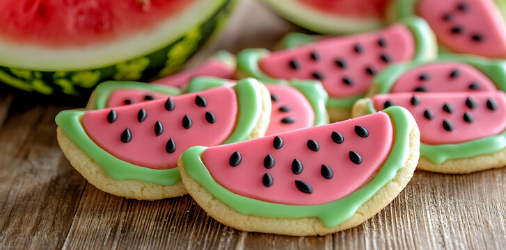 Colorful Watermelon Slices Decorated Cookies on Wooden Surface with Fresh Watermelon