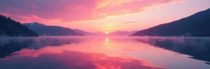 Fototapeta premium Soft hues of pink and orange illuminate the lake's surface as morning breaks, serenity, lake