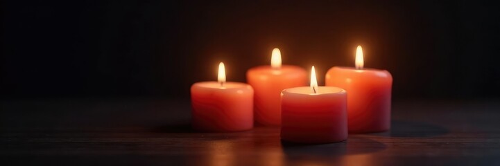 Soft light emanates from four candles in dark, serene, peaceful