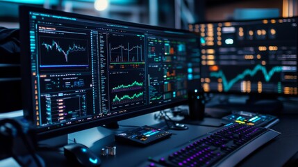 A cryptocurrency developer designing AI based automated crypto arbitrage systems for decentralized markets, futuristic trading facility with live arbitrage data, High-tech style