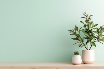 Bright atmosphere minimalist indoor plant display on wooden table in modern space