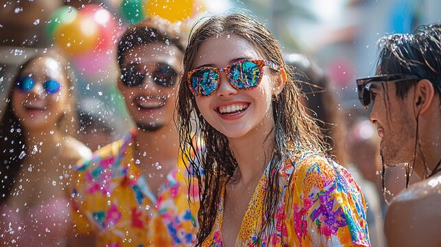 Celebrating summer fun water park group activity outdoor close-up joy and laughter