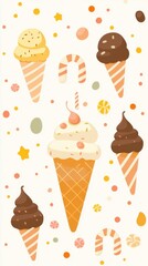 A playful illustration of colorful ice cream cones with various flavors, surrounded by candy and decorative elements on a light background.