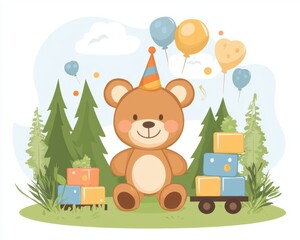 Obraz premium A cheerful cartoon bear wearing a party hat sits among trees, surrounded by colorful balloons and gift boxes on a sunny day.