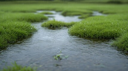 A small stream meanders through a grassy field after rain.  Shallow water flows over patches of vibrant green grass