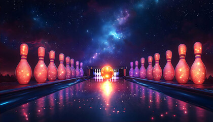Cosmic Bowling Alley: Glowing Pins Under a Nebula Sky