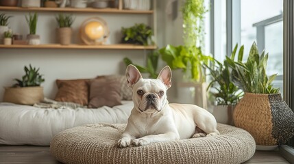 Cozy Home Environment with Relaxed Dog Sitting on Plush Bed