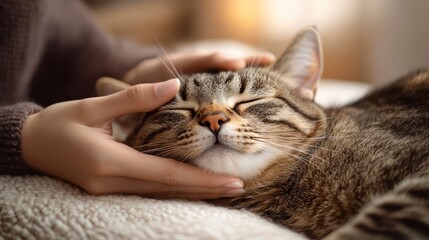 Relaxing Tabby Cat Being Petted by Human Hand in Cozy Setting