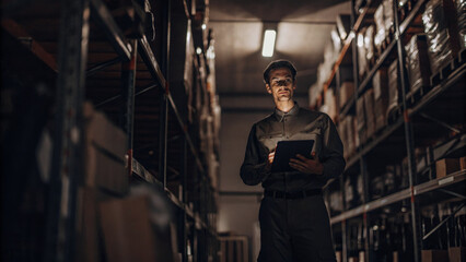Efficient warehouse manager using digital tablet to control inventory in well organized storage space, showcasing professionalism and focus