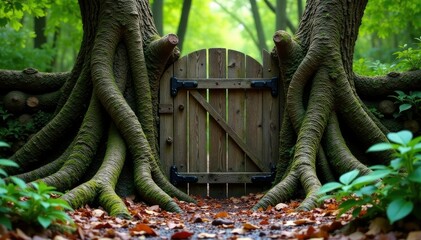 Twisted tree roots wrapped around a wooden gate, gnarled trunks, mossy surface, wood
