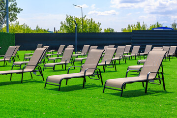 A large lawn with many lawn chairs and a few umbrellas