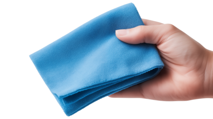 Hand holding a folded light blue microfiber cleaning cloth