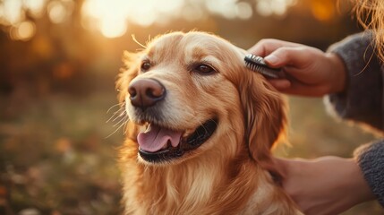 Grooming a Happy Golden Retriever in a Sunlit Outdoor Setting
