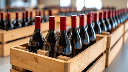 Rows of wine bottles in wooden crates ready for distribution
