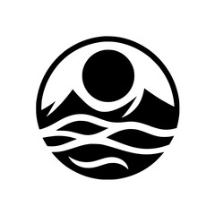 Minimalist Black and White Circular Logo Depicting Mountains, Sun, and Water, Conveying Nature's Tranquility and Symbolic Harmony.