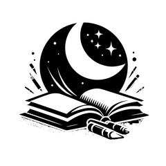 A monochromatic illustration of an open book beneath a crescent moon, stars, and floating pencils, evoking imagination and storytelling.