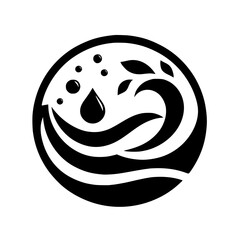 Fototapeta premium Circular Monochrome Logo Depicting Water Elements, Featuring Wave Forms, Droplets, and Foliage within a Decorative Border.