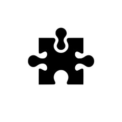 A stark, monochrome illustration of a single black jigsaw puzzle piece with a subtle shadow against a bright white backdrop, symbolizing problem-solving.