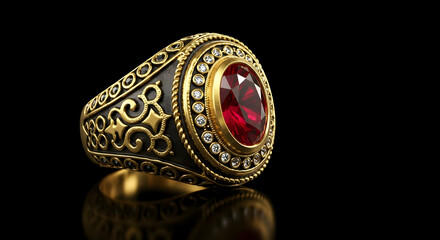 Fototapeta premium Detailed Gold Ring With Ruby And Diamonds