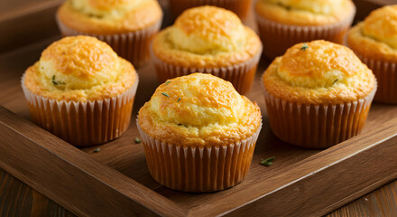 Golden Brown Muffins On Wooden Tray