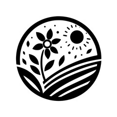 Sunlit Floral Field: A Monochrome Emblem