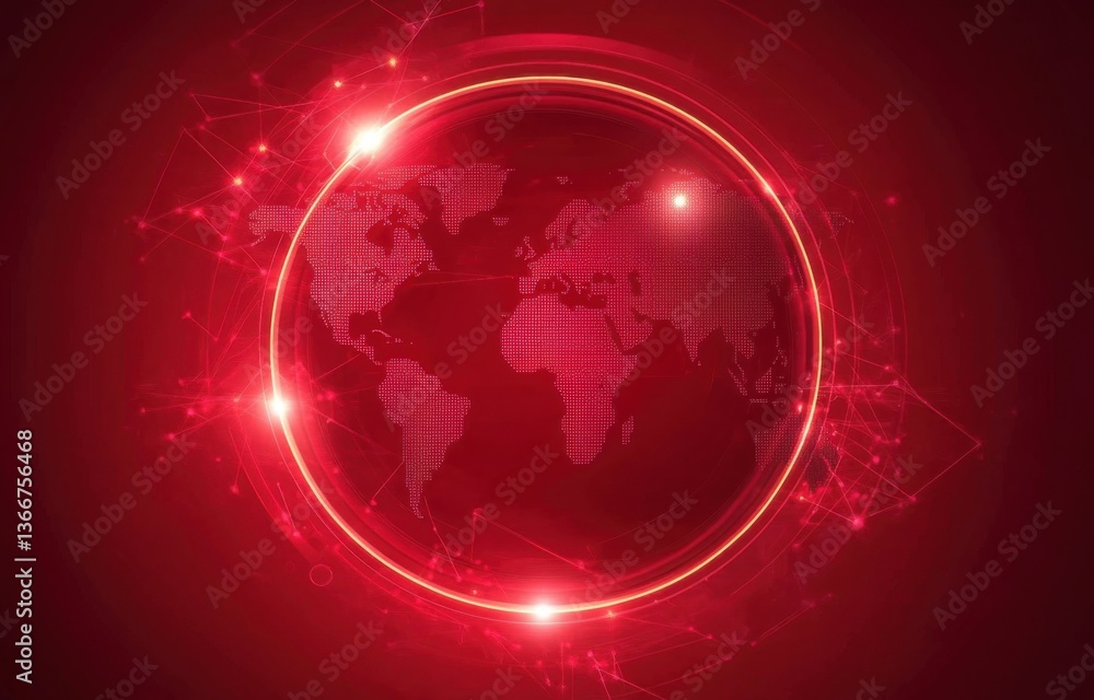Aufkleber abstract world map in red with glowing circle and network connections