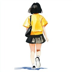 A young person in a yellow top and black skirt walks away, exuding a casual and stylish vibe.