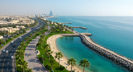 Fototapeta premium Coastal Cityscape With Turquoise Bay And Palm Trees