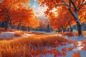 Naklejka premium Vibrant Orange Winter Vista Enhanced with Golden Leaves and Festive Snowflakes