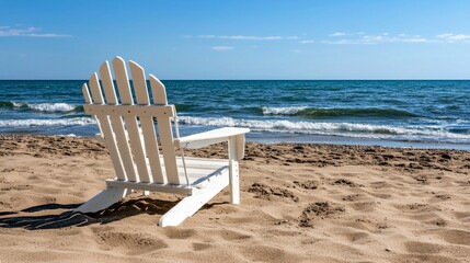 A white Adirondack chair on a sandy beach overlooking the ocean